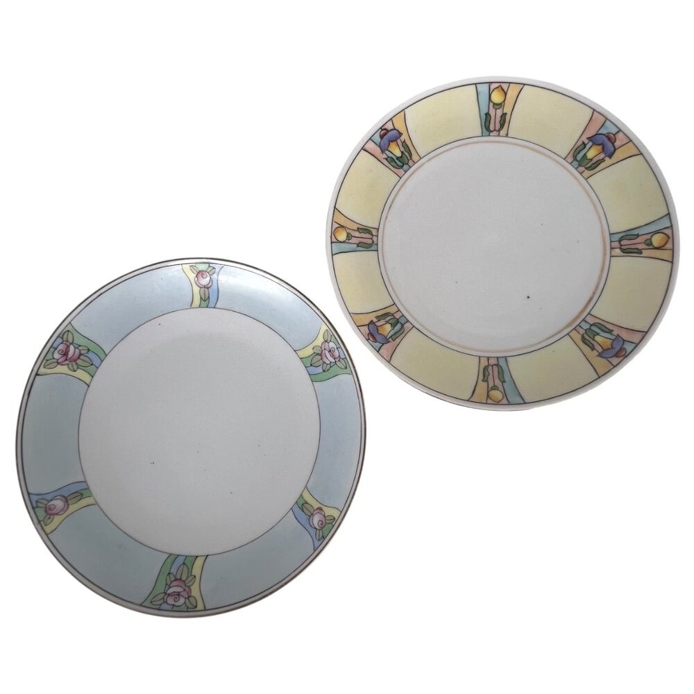 Set Of 2 Hand Painted Nippon Porcelain Plates With Art Deco Floral Designs VTG